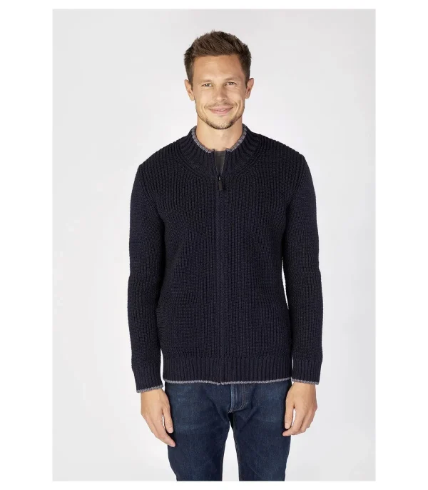 Nouvelle tendance Gilet Zip Homme Chaud En Pure Laine Mérinosmarine Ou Bleu Chiné 3